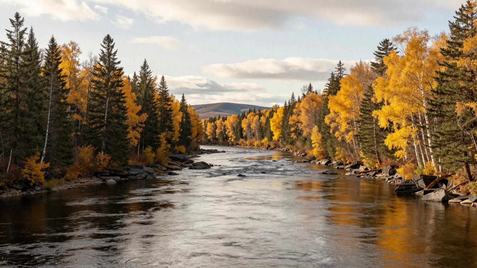 Breiter Fluss zwischen bewaldeten Ufern mit dunklen Fichten und gelben Birken im Herbst, das Wasser glänzt im Licht der späten Nachmittagssonne