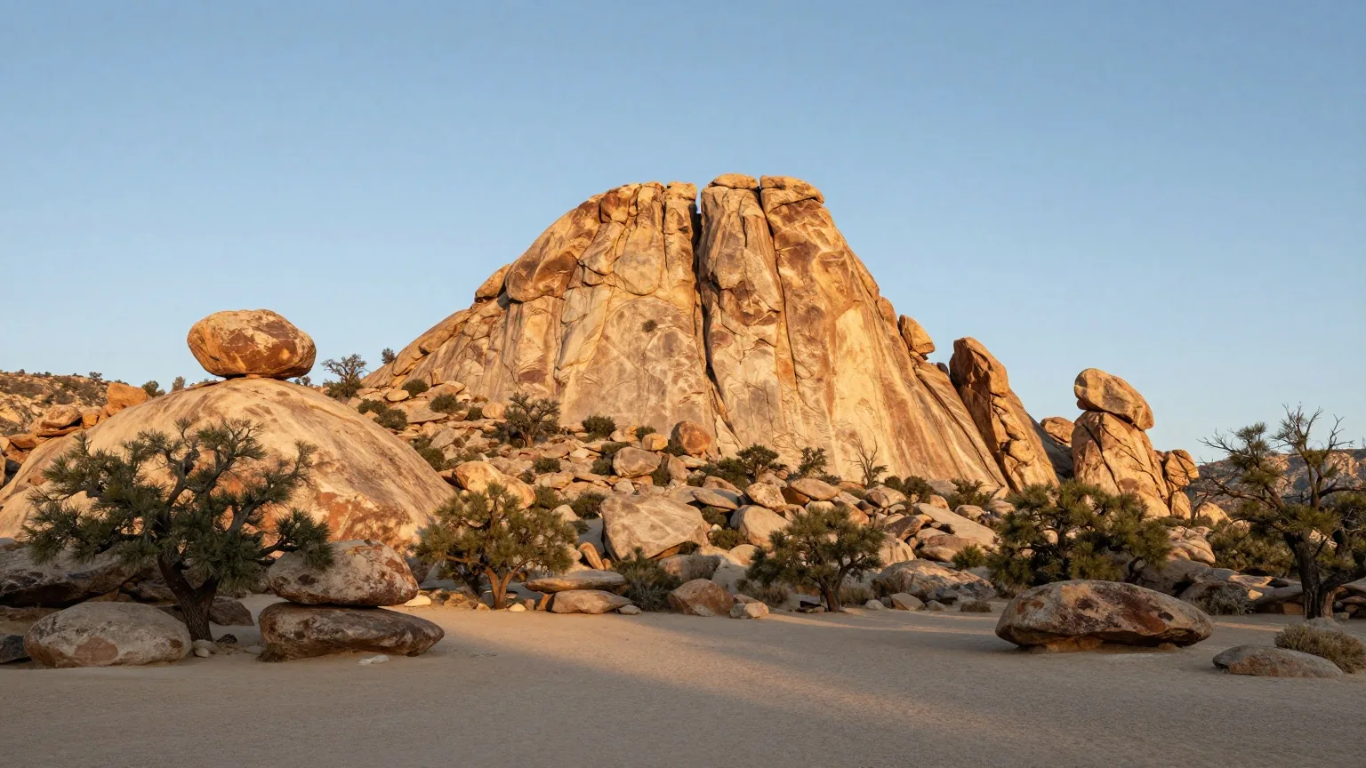 Hohe Felsnadeln aus hellem Gestein über einem Tal mit Eichen und Wacholder in den Bergen im Südosten Arizonas, warmes Licht der späten Nachmittagssonne