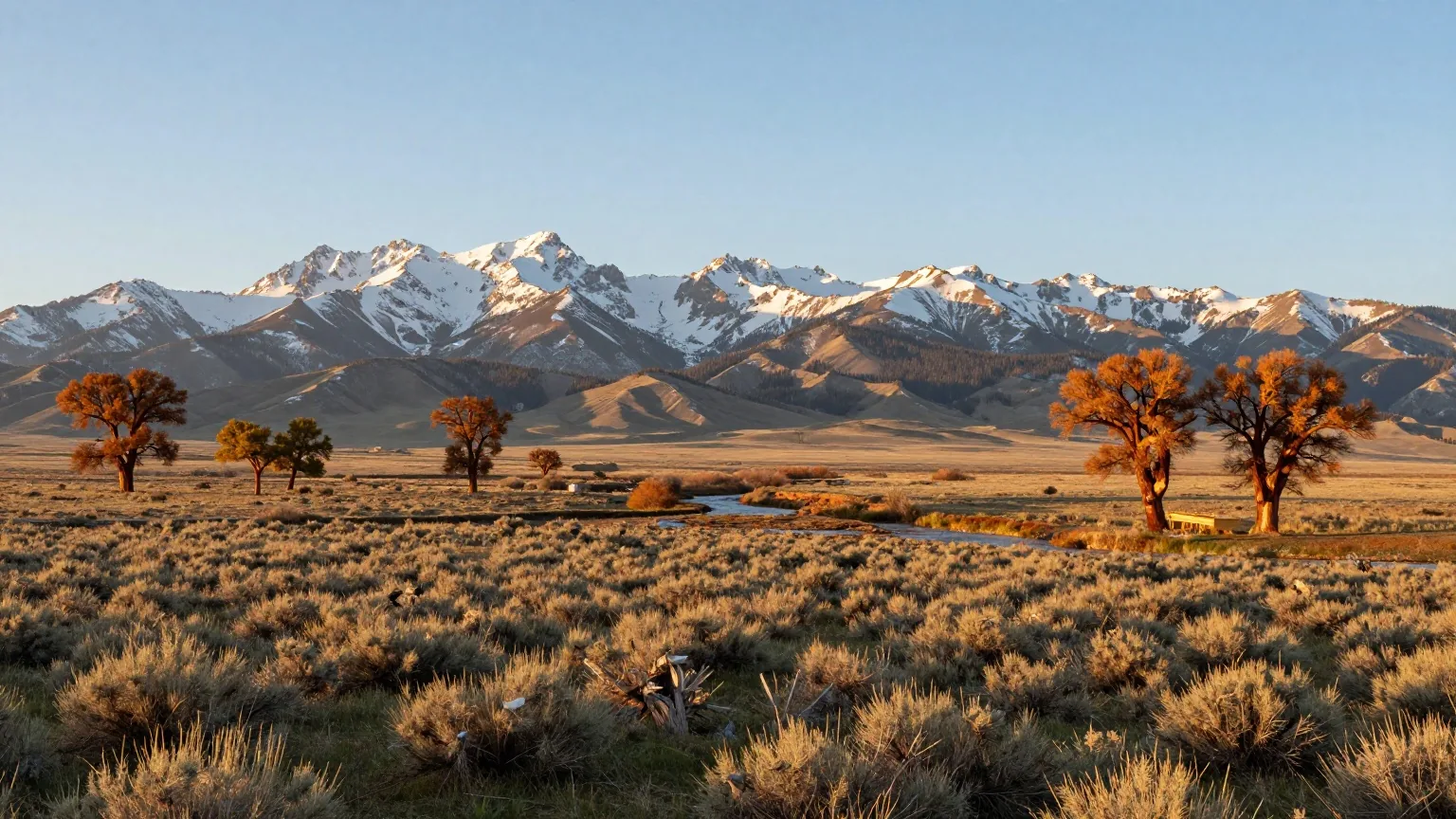 Weites Tal mit Wiesen und Salbeibüschen vor den schneebedeckten Gipfeln der Wind River Range im warmen Licht der späten Nachmittagssonne