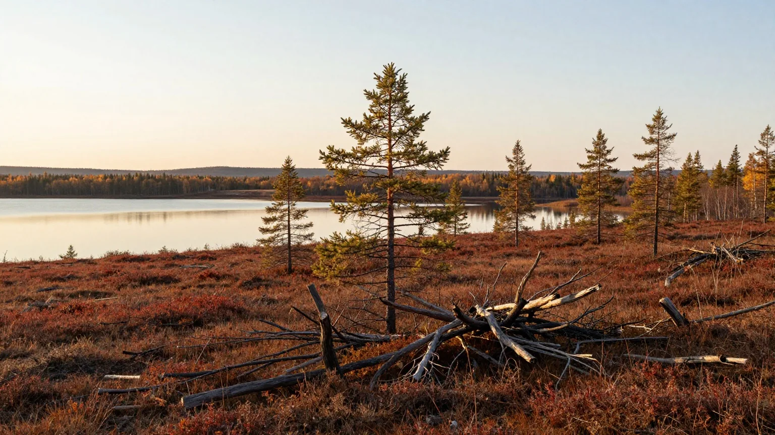 Lichter Wald aus Schwarzfichten, der in offene, herbstlich rote Tundra übergeht, dahinter ein stiller See unter weitem Himmel im Licht der tief stehenden Sonne