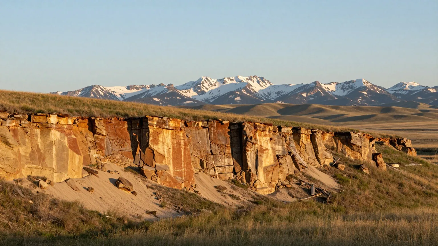 Sandsteinklippe am Rand einer weiten Graslandschaft in den Ausläufern der Rocky Mountains im Süden Albertas, warmes Licht der späten Nachmittagssonne, darüber ein weiter Himmel