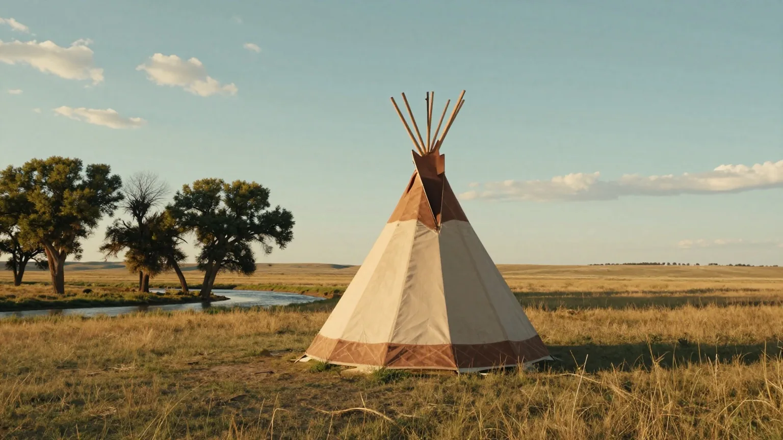 Ein einzelnes, unbemaltes Tipi aus Bisonhaut auf offenem Kurzgrasland an einem von Pappeln gesäumten Bach im warmen Licht der späten Nachmittagssonne