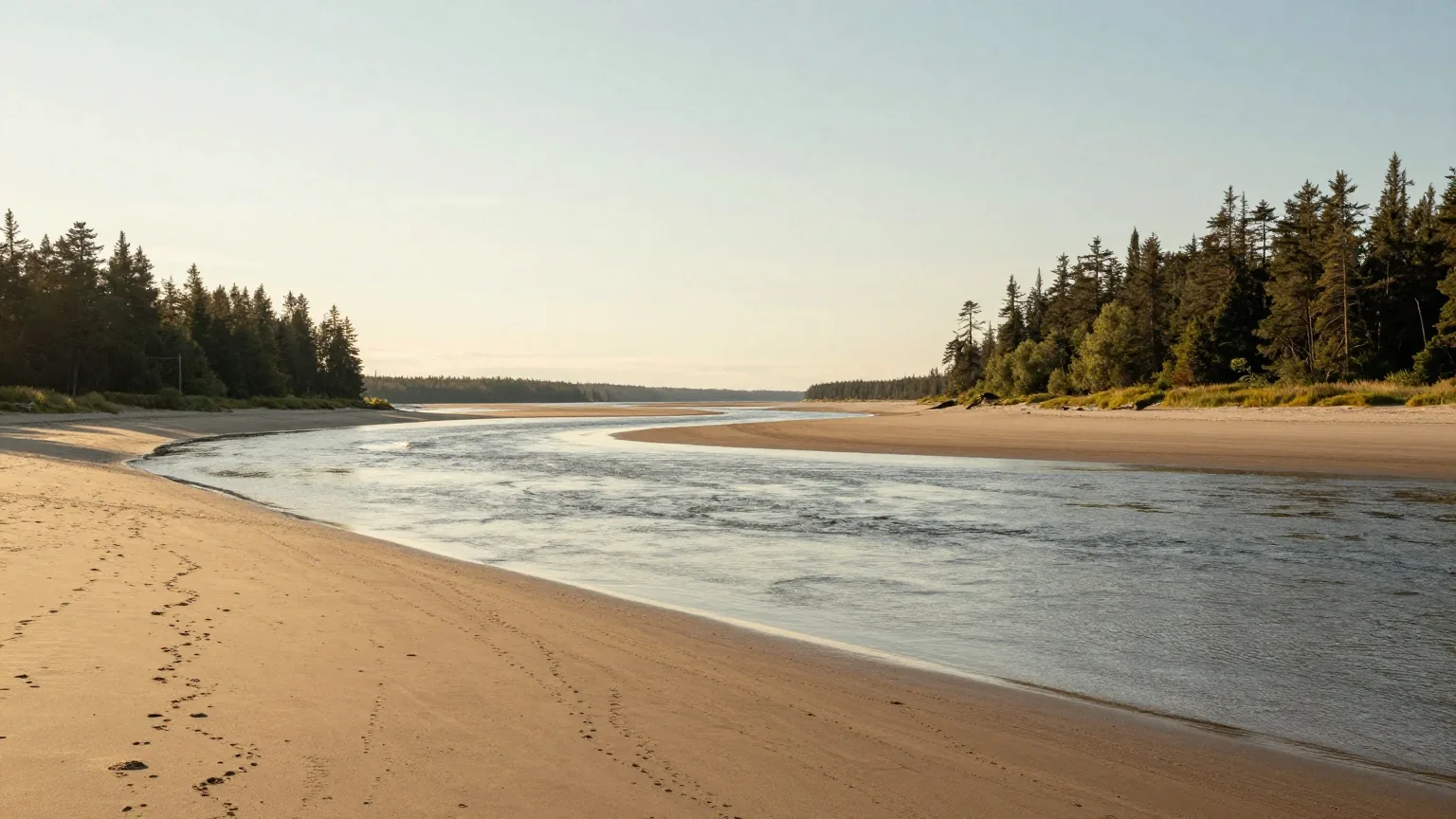 Breite Mündung des Columbia River im Licht der tief stehenden Sonne, Sandbänke und Brandung, an den Ufern dunkle Fichtenwälder