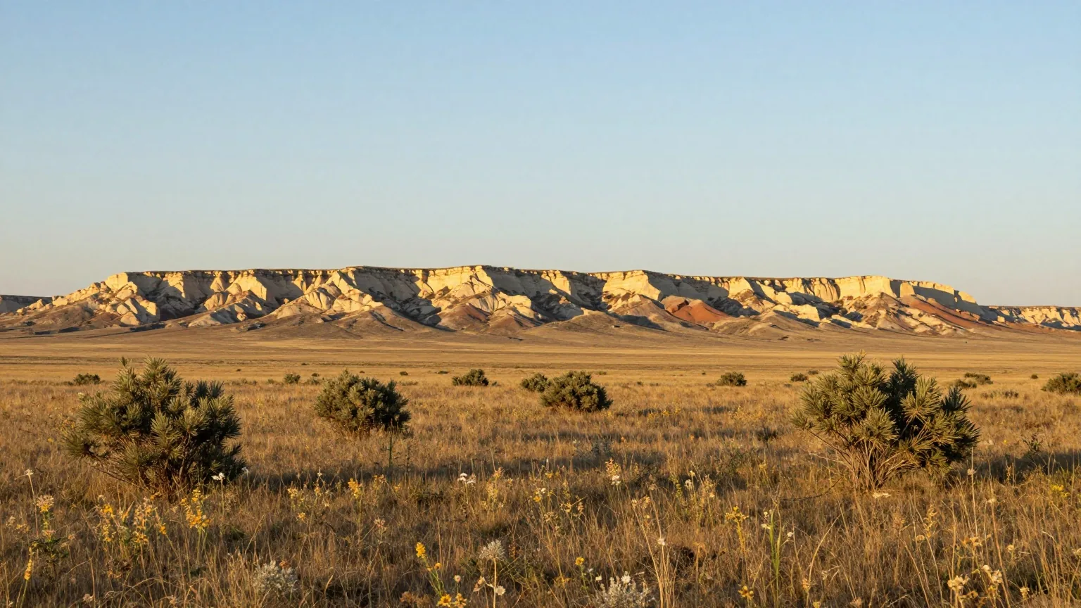 Kurzgrasprärie der südlichen Plains mit der hellen Abbruchkante des Hochlands am Horizont im warmen Licht der späten Nachmittagssonne