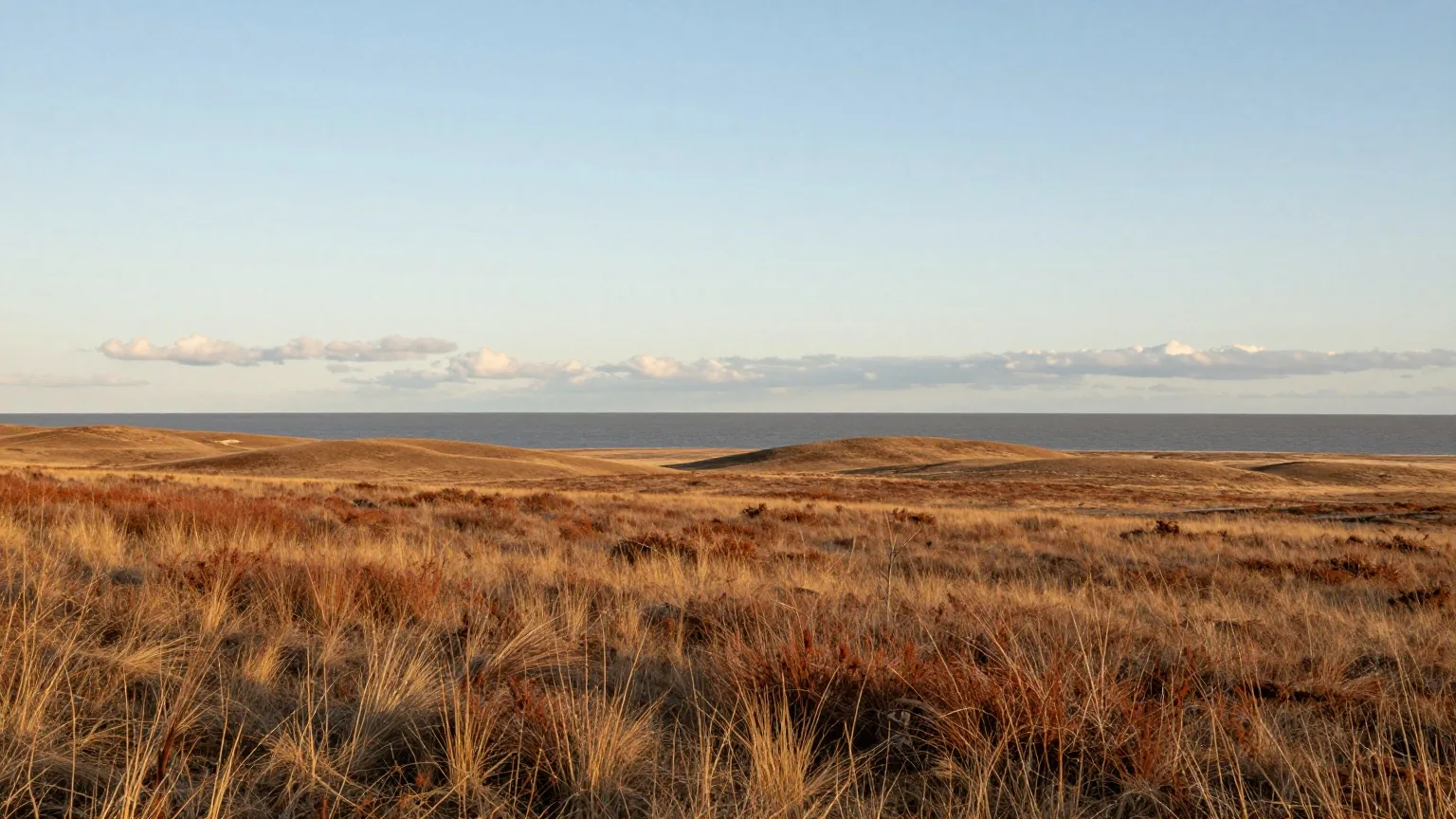 Baumlose Graslandschaft mit niedrigen Hügeln an einer flachen Meeresküste im Norden, Wolken über dem Wasser im späten Nachmittagslicht