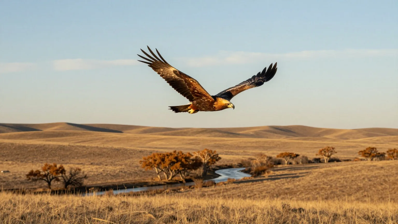 Steinadler im Gleitflug über welligem Grasland der Great Plains, darunter ein Bachlauf mit Pappeln, warmes Licht des späten Nachmittags