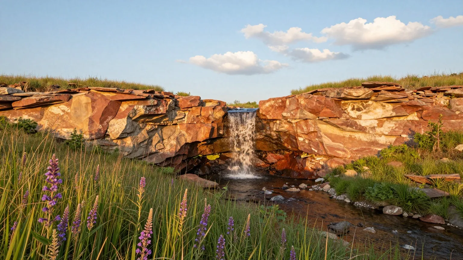 Rote Quarzitfelsen mit einem kleinen Wasserfall über einem Bach, davor hohes Präriegras mit Wildblumen im Südwesten Minnesotas im warmen Licht des späten Nachmittags