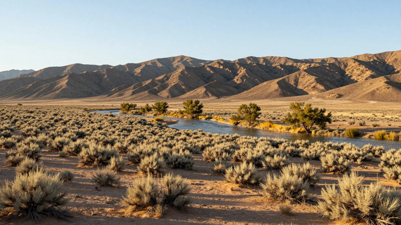 Weites Tal mit Salbeibüschen und einem von Pappeln gesäumten Fluss vor kahlen Bergen in Nevada im Licht der späten Nachmittagssonne