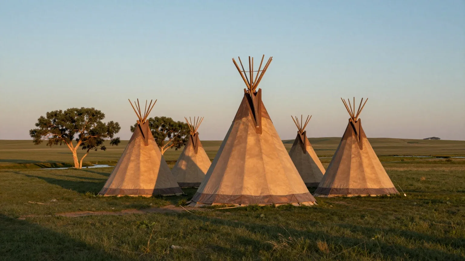 Kreis aus schlichten, unbemalten Tipis aus Leder auf weitem Grasland in der Abenddämmerung, dahinter Pappeln an einem Bach