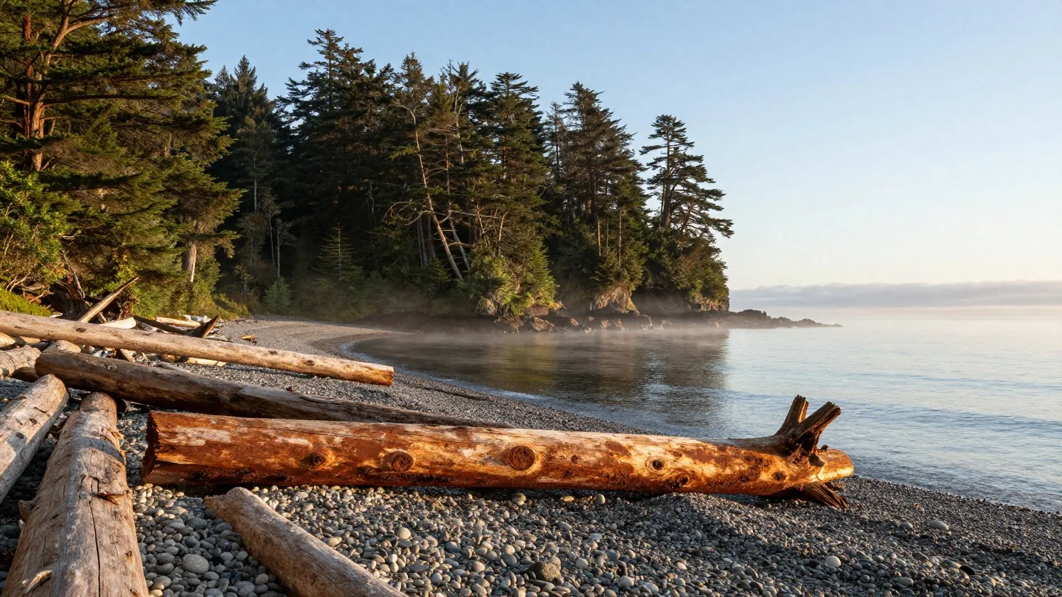 Kiesstrand einer Insel im Nordpazifik mit dichtem Regenwald aus Zedern und Sitka-Fichten, Nebel über dem Meer im warmen Licht der späten Nachmittagssonne