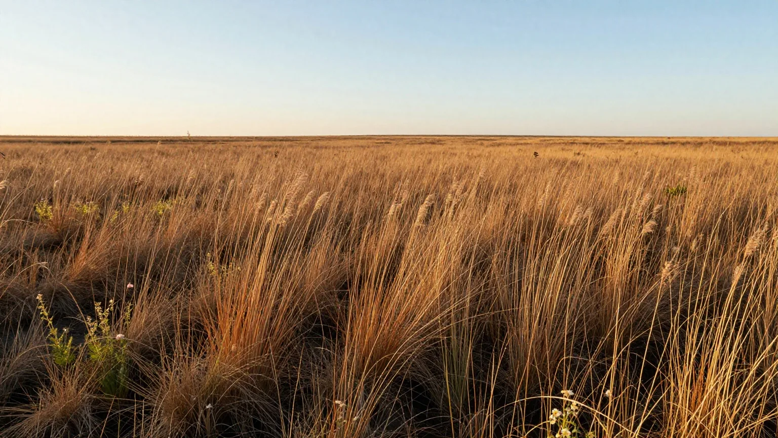 Feuchte Wiese am Rand eines Schilfsumpfs mit hohen Gräsern und Wildblumen, dahinter flache Prärie unter weitem Himmel im warmen Licht der späten Nachmittagssonne