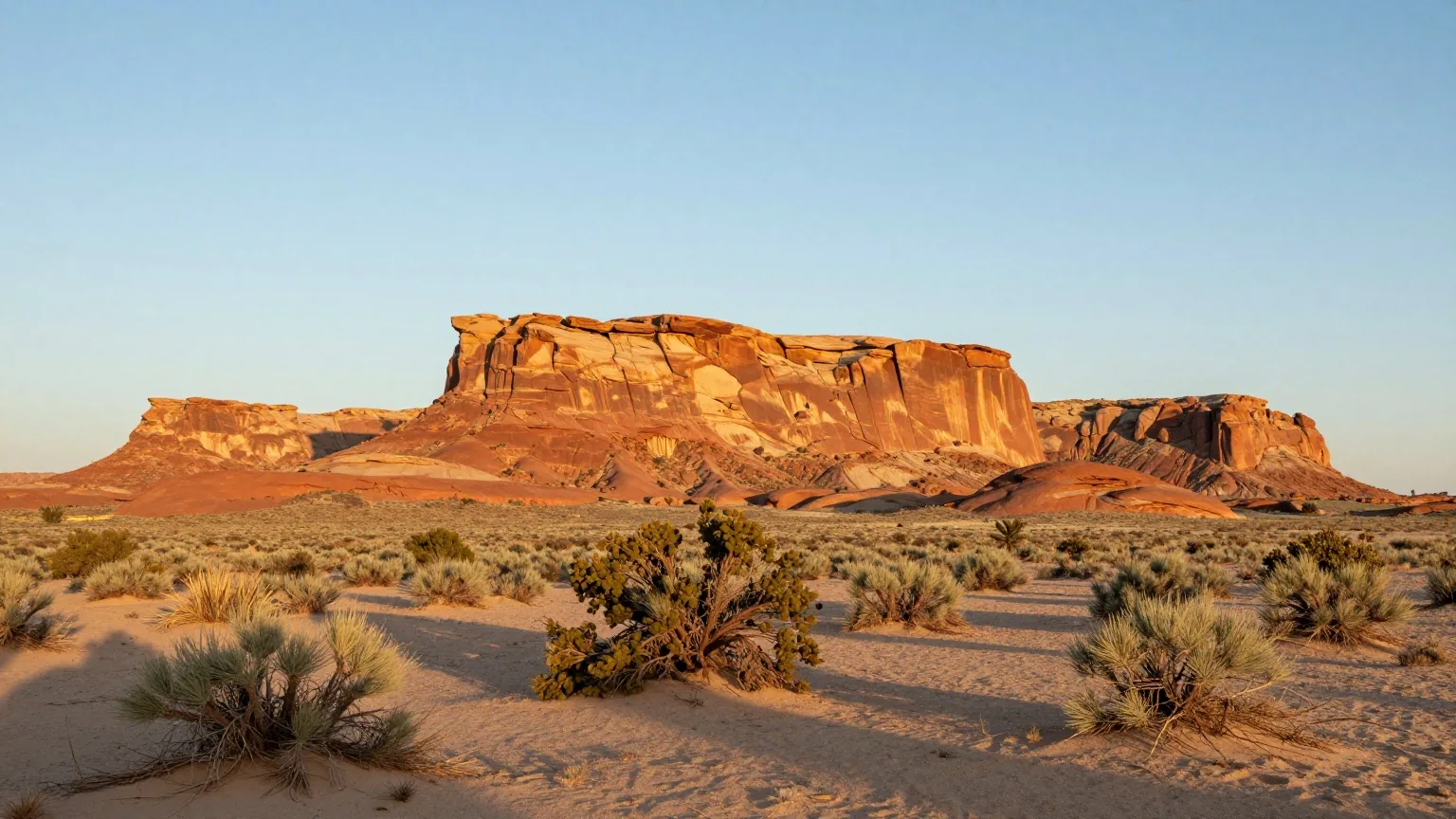 Flache Tafelberge über einer weiten, sandfarbenen Wüstenebene im Nordosten Arizonas im Licht des späten Nachmittags