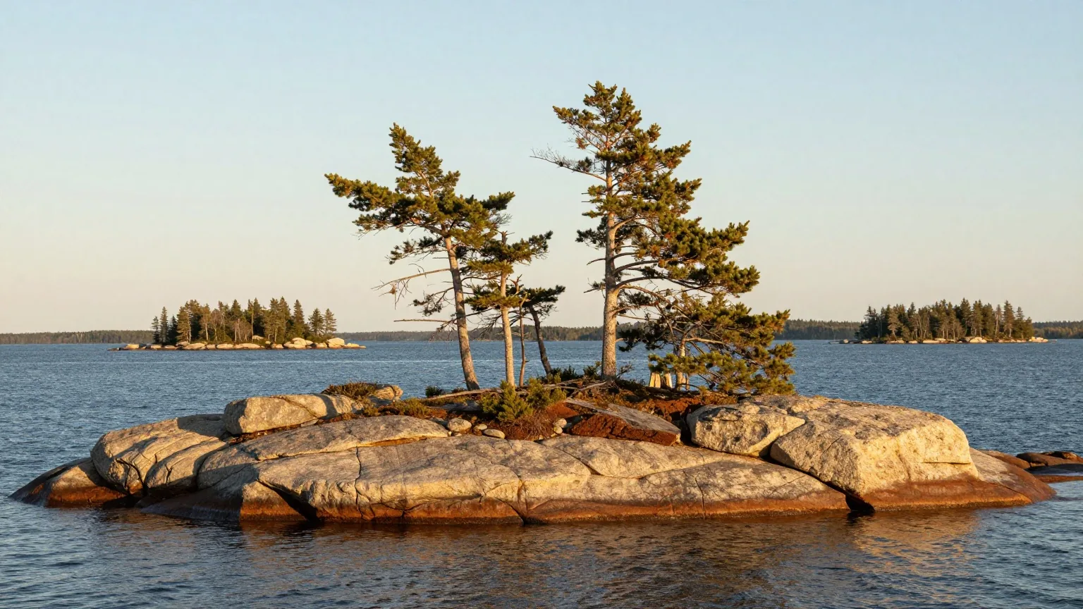 Felsige Küste der Georgian Bay mit windgebeugten Kiefern auf hellem Granit, ruhiges Wasser und kleine bewaldete Inseln im Licht der späten Nachmittagssonne