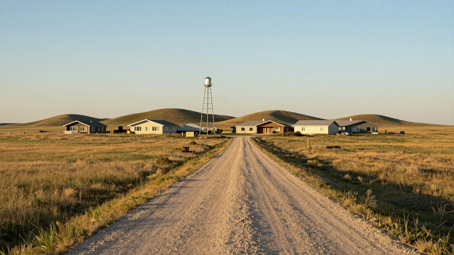 Schotterstraße durch die Prärie von South Dakota zu einer kleinen Siedlung aus einstöckigen Häusern und einem Wasserturm im Licht des späten Nachmittags