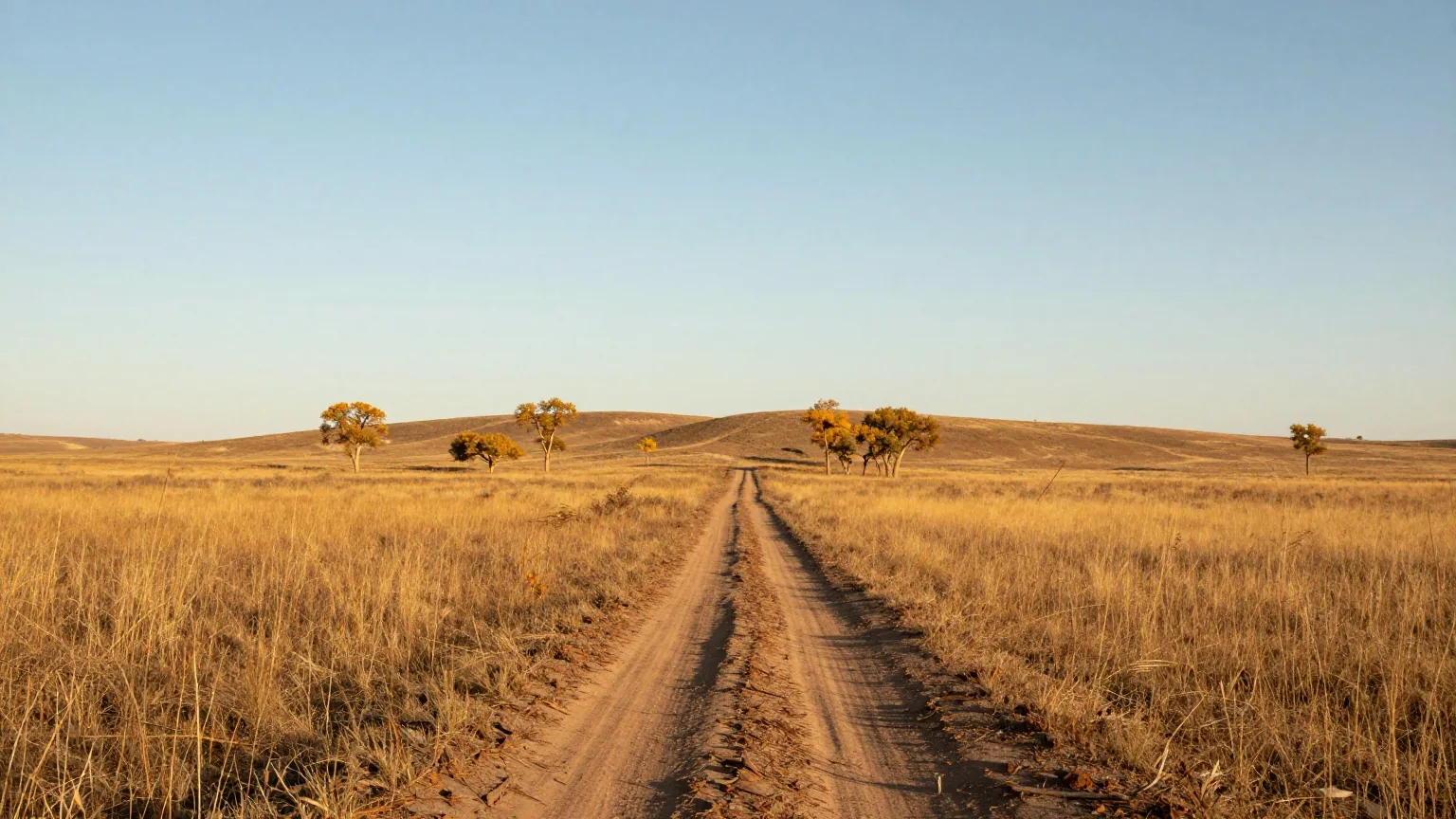 Weites Grasland der nördlichen Plains im Herbst, ein Feldweg führt zu einem flachen Höhenzug, vereinzelte Pappeln im Licht der späten Nachmittagssonne