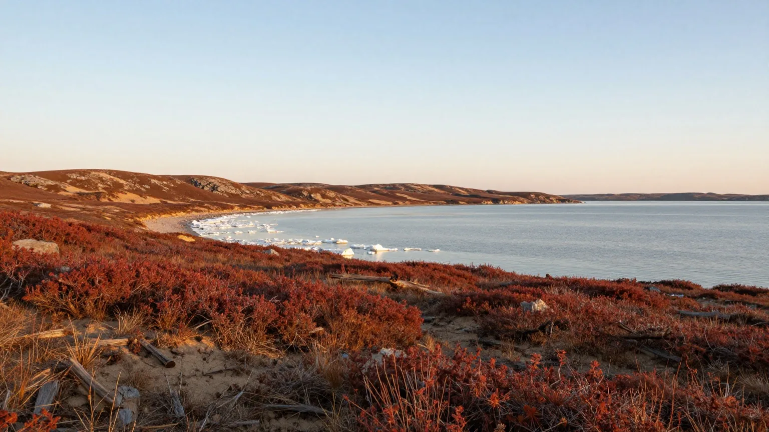 Flache arktische Küste im Herbst mit rostroter Tundra auf niedrigen Hügeln und treibenden Eisschollen in einer stillen Bucht, tief stehende Sonne