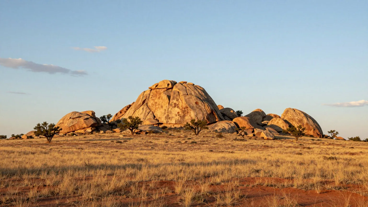 Kurzgrasprärie mit rötlicher Erde vor den runden Granitkuppen der Wichita Mountains im warmen Licht der späten Nachmittagssonne