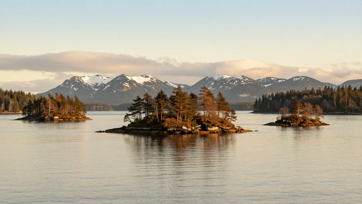 Bewaldete Inseln in einer ruhigen Meerenge vor Vancouver Island, dahinter Berge des Festlands im warmen Licht der späten Nachmittagssonne