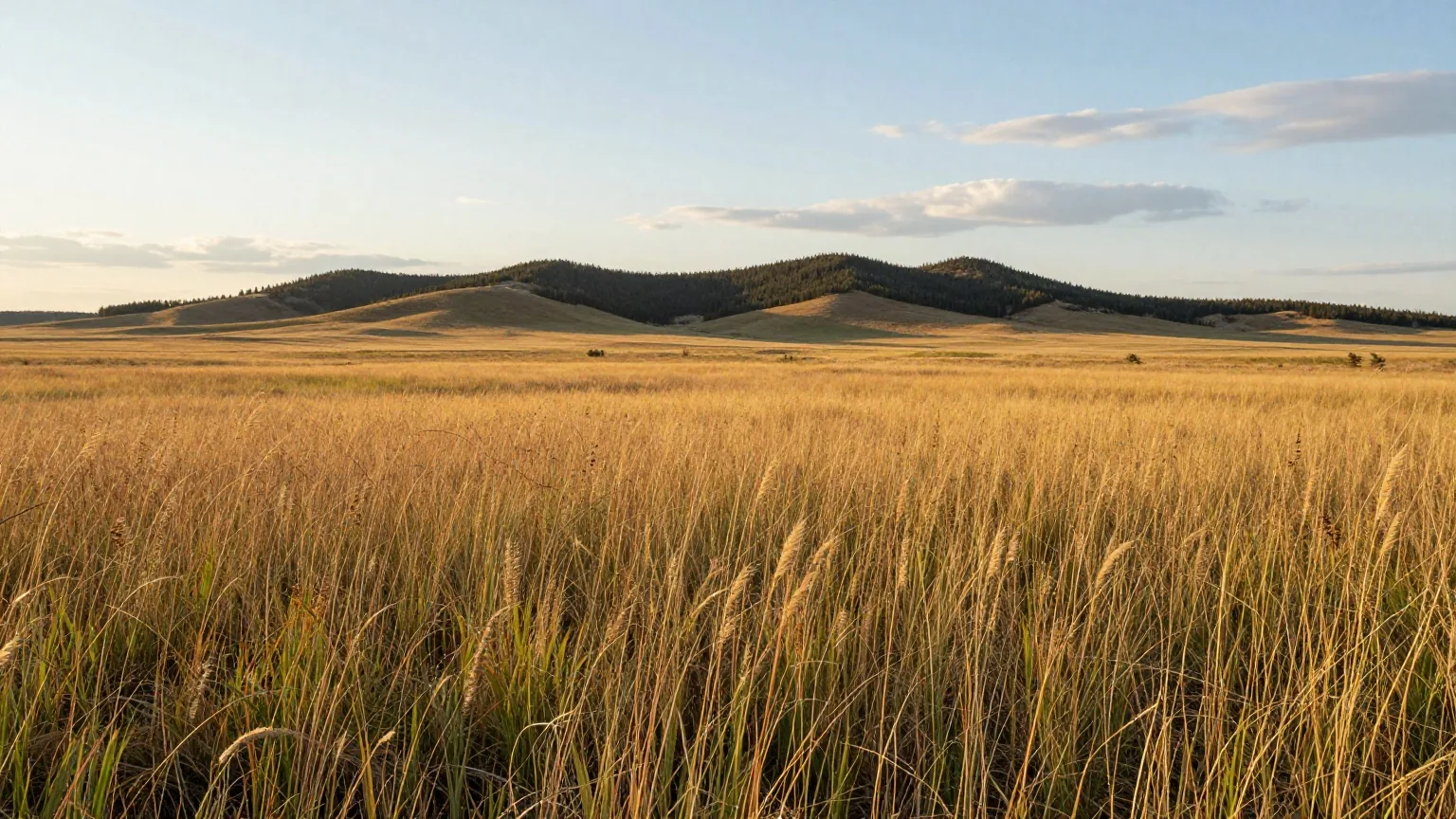 Goldenes Grasland der nördlichen Plains im späten Nachmittagslicht, am Horizont die dunklen, bewaldeten Black Hills