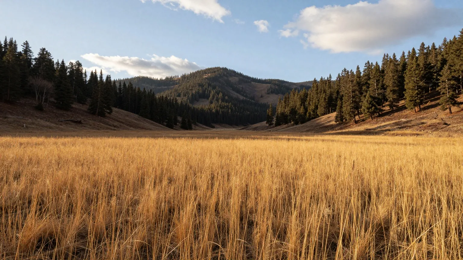Hochprärie mit goldenem Gras in einer weiten Talmulde, ringsum dunkle Kiefernwälder auf sanften Hügeln im Nachmittagslicht