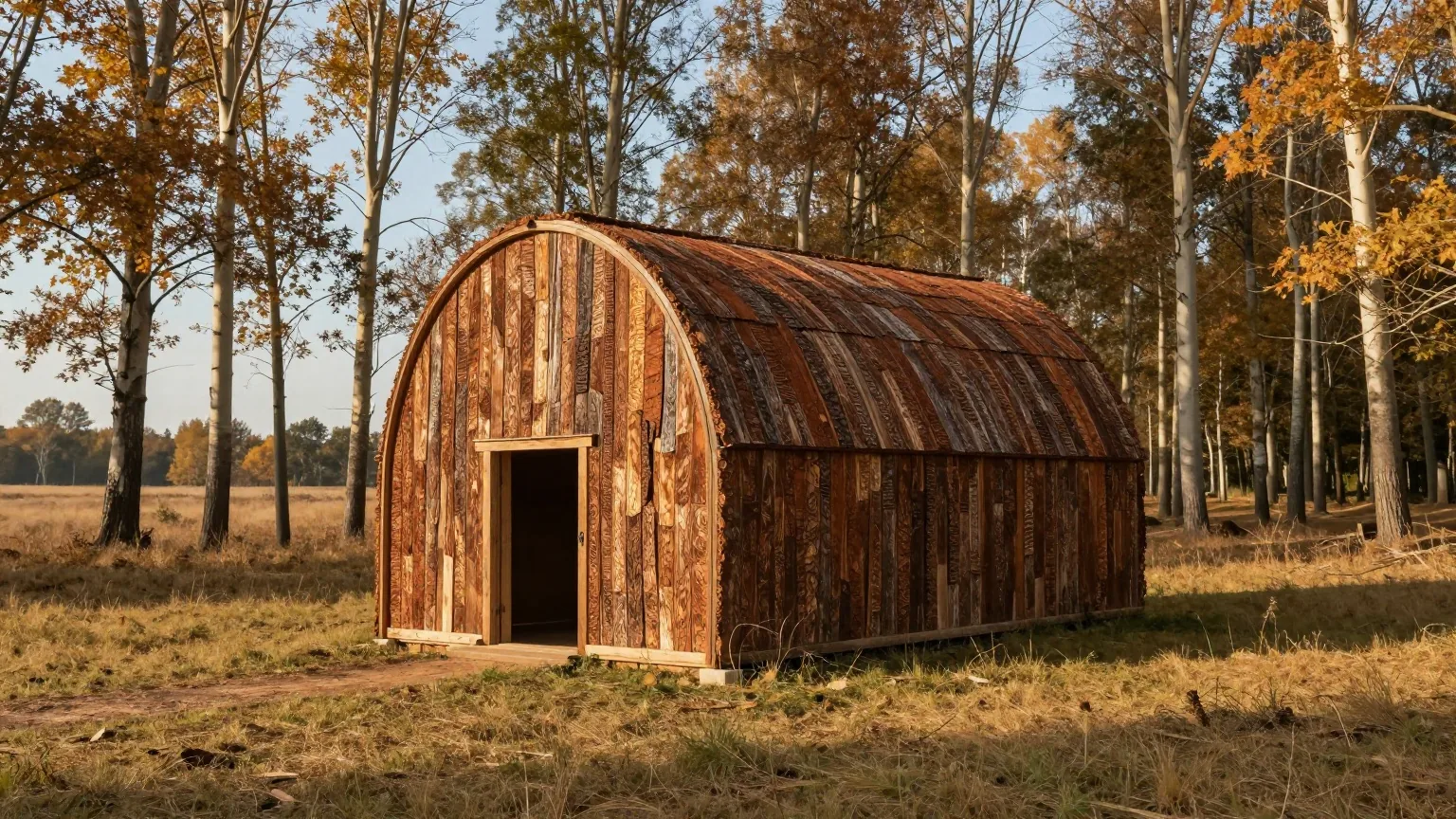 Nachgebautes langes Haus aus Ulmenrinde mit gewölbtem Dach und einer Tür an der Stirnseite auf einer Lichtung in einem herbstlichen Laubwald im warmen Licht des späten Nachmittags