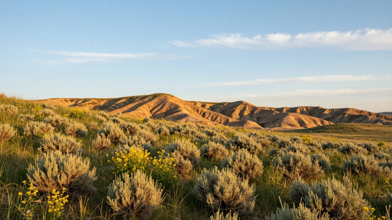 Blühende Präriepflanzen und silbriger Beifuß an einem Hang, dahinter zerklüftete Badlands im goldenen Licht der späten Nachmittagssonne