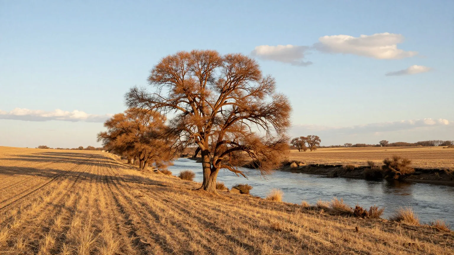 Weite Prärie am Red River mit Pappeln am Ufer und langen, schmalen Feldern, die zum Fluss hin abfallen, im Licht der späten Nachmittagssonne