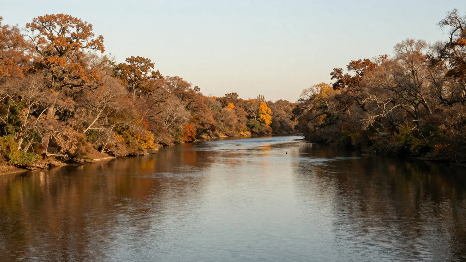 Breiter Fluss zwischen bewaldeten Hügeln im späten Nachmittagslicht, am Ufer Eichen und Ahorn in ersten Herbstfarben