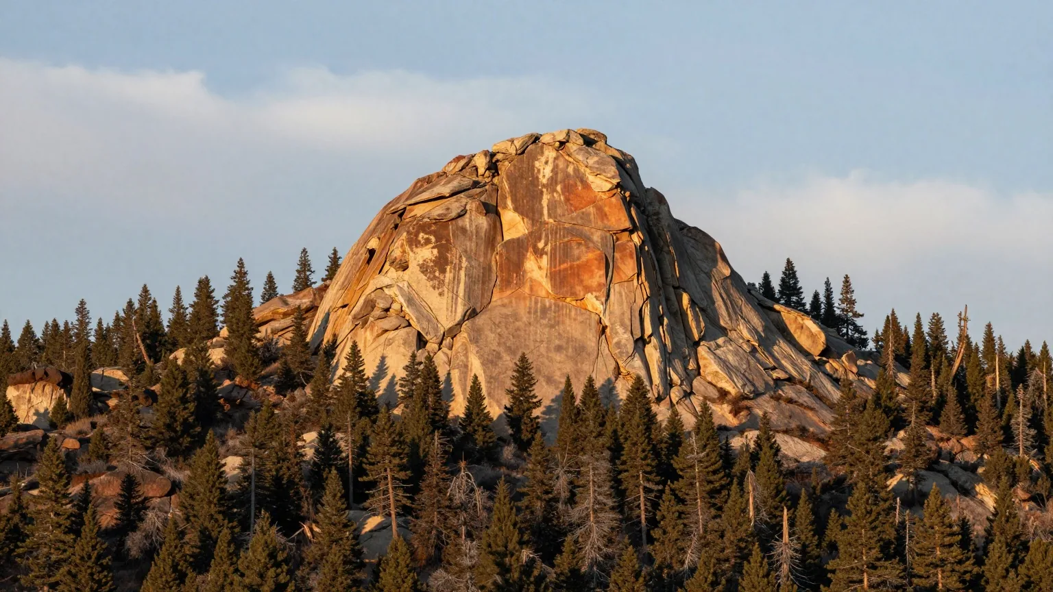 Granitgipfel über dunklen Kiefernwäldern in den Black Hills im warmen Licht des späten Nachmittags, darüber weiter Himmel mit einzelnen Wolken