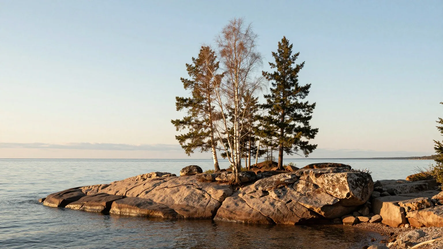 Birken und Nadelbäume am felsigen Ufer des Oberen Sees, ruhiges Wasser bis zum Horizont im warmen Licht der späten Nachmittagssonne