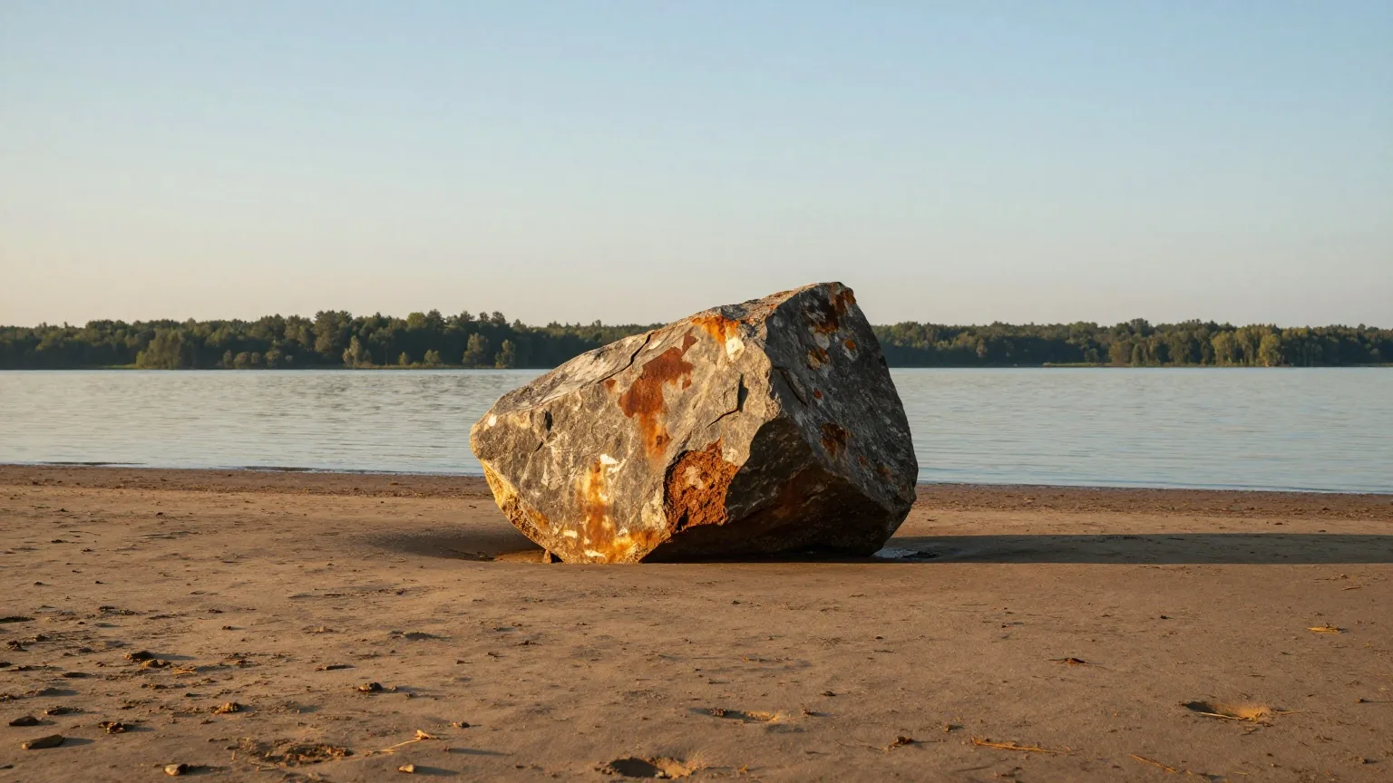 Weiter, flacher See mit bewaldetem Ufer im Spätsommer, ein großer grauer Findling am Ufer im warmen Licht der Nachmittagssonne, keine Menschen