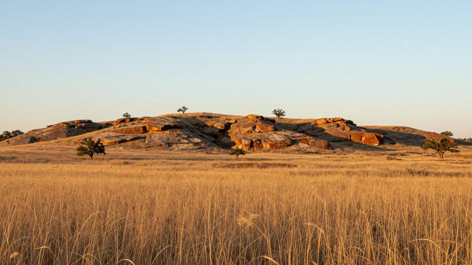 Hügelige Hochgrasprärie der Osage Hills mit Sandsteinbänken und vereinzelten Eichen im warmen Licht der späten Nachmittagssonne