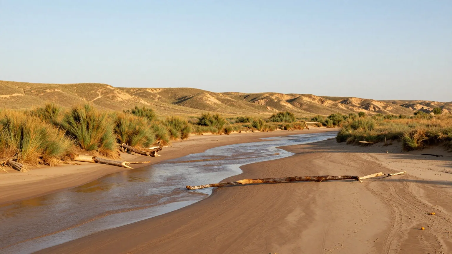 Breites, sandiges Flusstal mit flachen Wasserarmen und Weiden, dahinter grasbewachsene Sandhügel der Prärie im warmen Licht der späten Nachmittagssonne