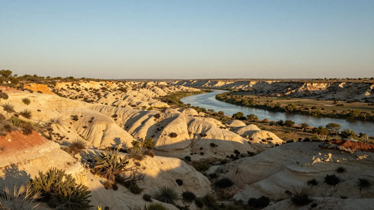Helle Kalksteinhänge über dem breiten Tal des Rio Grande in Südtexas, niedriges Dornbuschland und Mesquite im warmen Licht der späten Nachmittagssonne