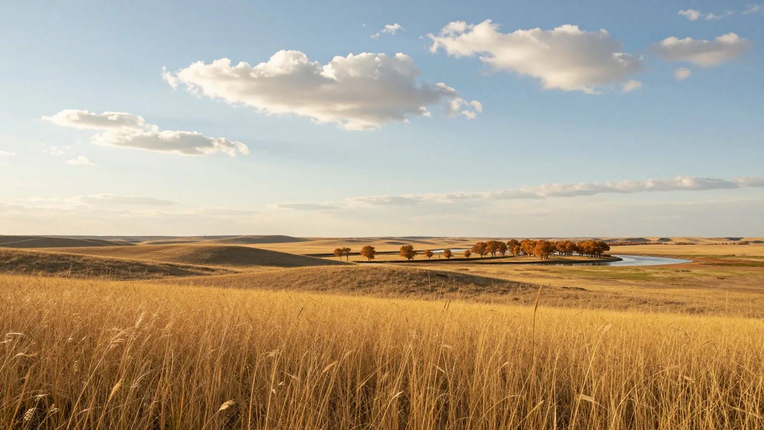 Weites, sanft gewelltes Grasland der Great Plains unter hohem Himmel mit Quellwolken, in der Ferne eine Reihe Pappeln an einem Fluss