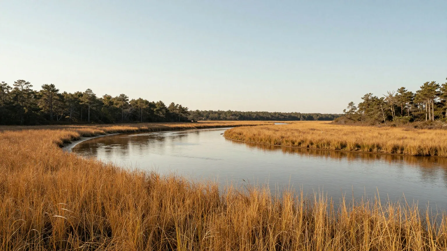 Breiter Gezeitenfluss im Osten Virginias mit Schilfmarsch am Ufer und dunklem Kiefernwald am Horizont im späten Nachmittagslicht