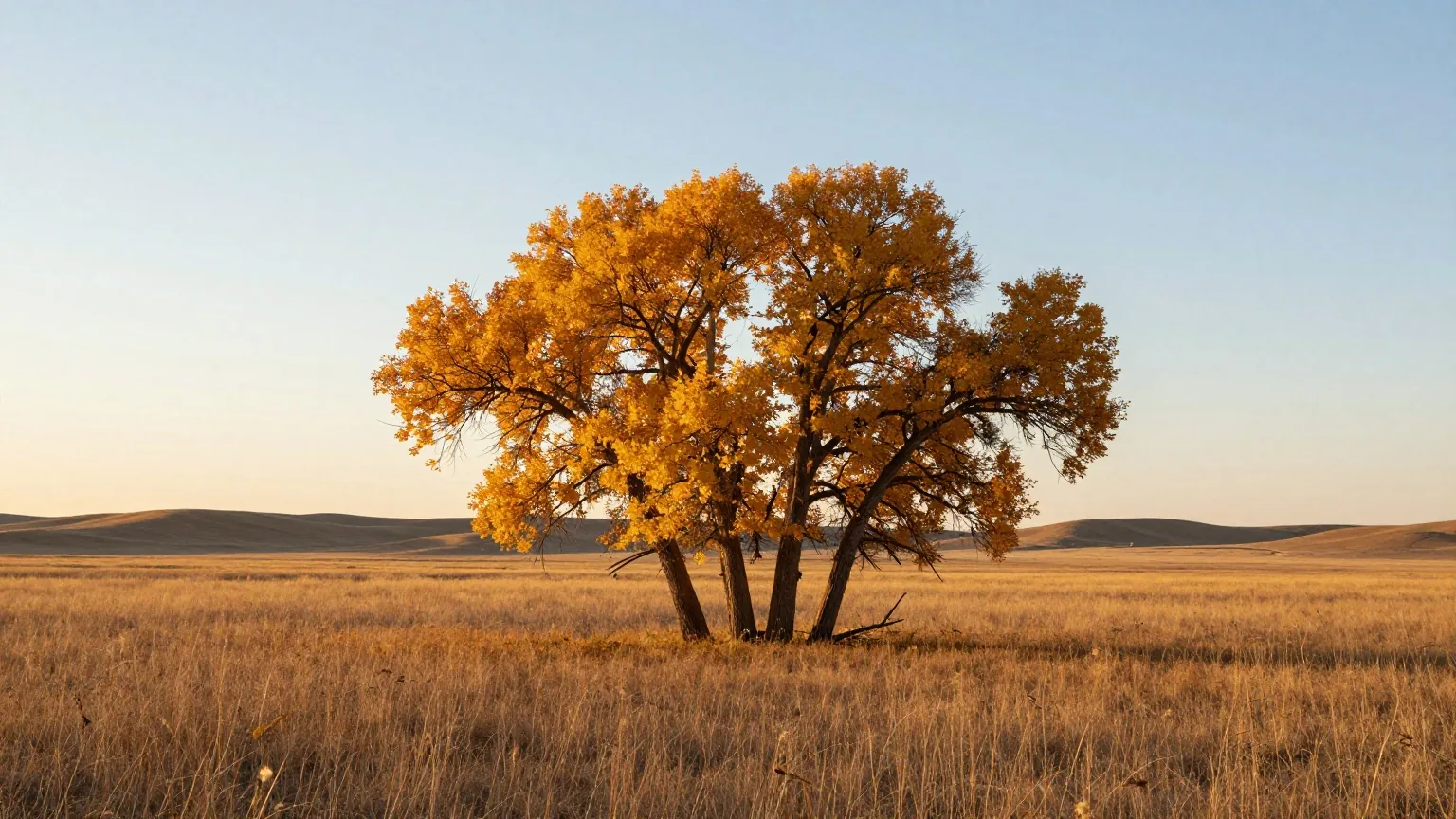 Kurzgrasprärie mit einer Gruppe Pappeln in Herbstfarben am Rand einer weiten Wiese, dahinter flache Hügel im Licht der späten Nachmittagssonne