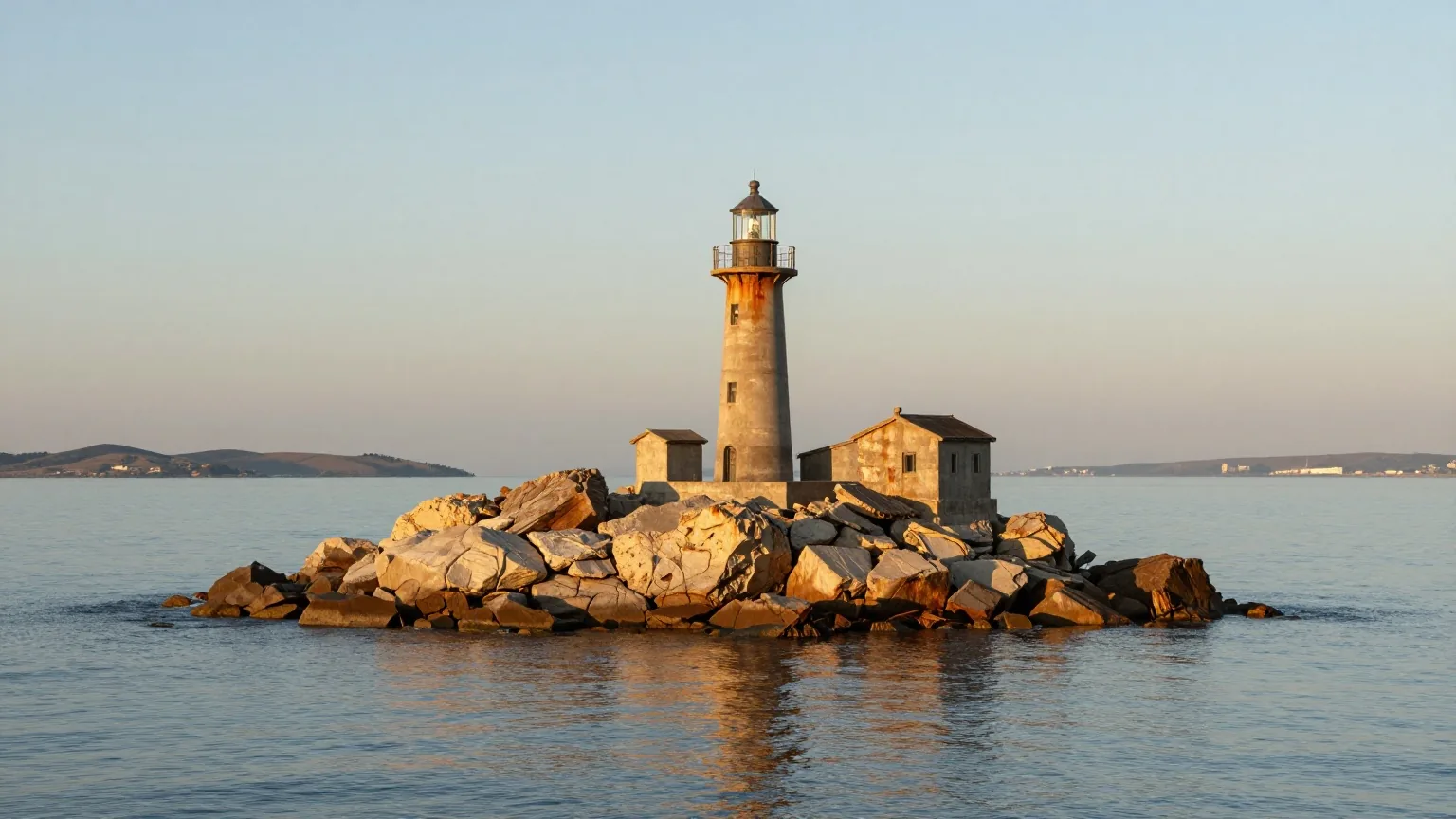 Felsige Insel mit Leuchtturm und alten Gebäuden in der Bucht von San Francisco, vom Wasser aus gesehen im warmen Abendlicht