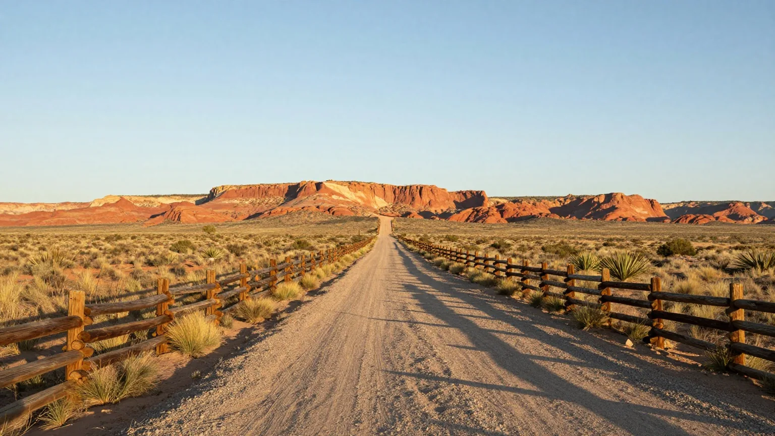 Weite Hochfläche in Nordarizona mit Holzzäunen und einer Schotterstraße, die auf eine rote Tafelbergkante zuführt, im Licht der späten Nachmittagssonne