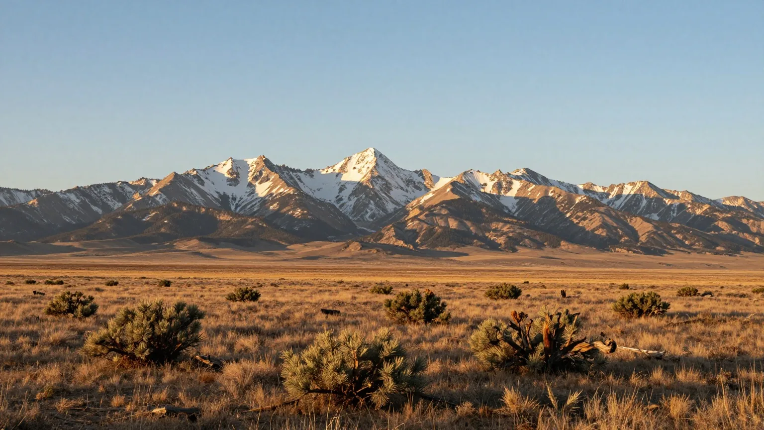 Weites Beifußbecken vor den schneebedeckten Gipfeln der Wind River Range im warmen Licht der späten Nachmittagssonne