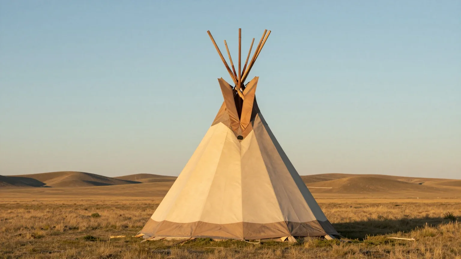 Schlichtes, unbemaltes Tipi aus hellem Segeltuch mit geöffneten Rauchklappen und zwei langen Klappenstangen auf einer Graswiese in der Prärie, warmes Licht des späten Nachmittags