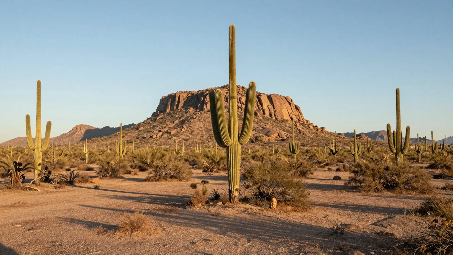 Saguaro-Kakteen auf einer weiten Wüstenebene, dahinter ein steiler Granitgipfel im warmen Licht der späten Nachmittagssonne