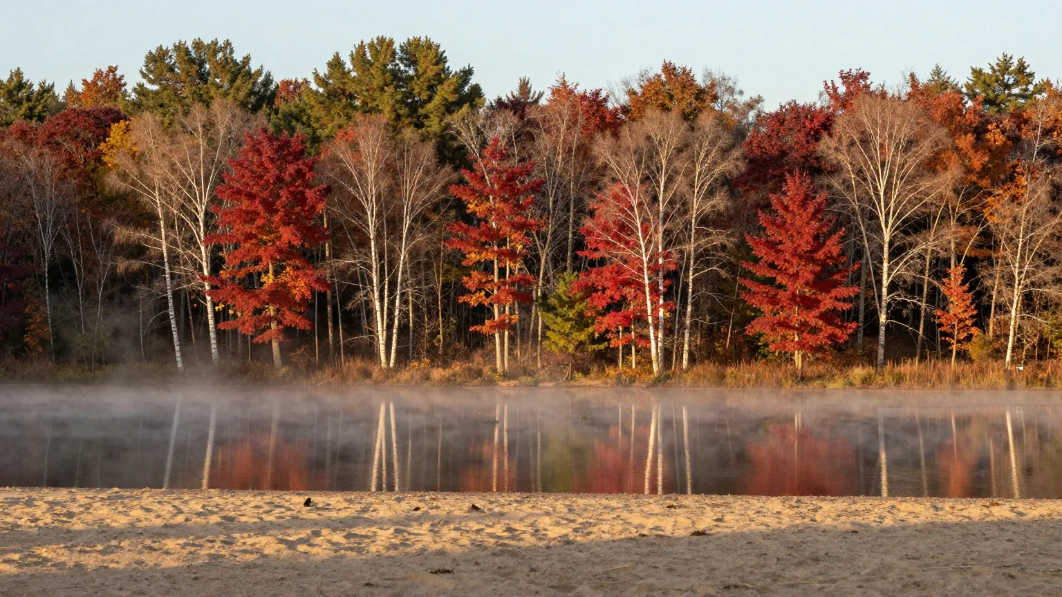 Ruhiger See im Laubwald des Nordostens im Herbst, Ahorn und Birken in Rot und Gold am Ufer, Nebel über dem Wasser im späten Nachmittagslicht
