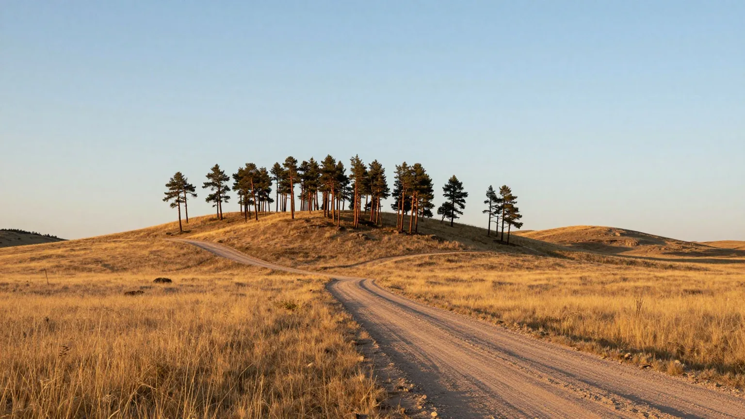 Hügeliges Grasland mit dunklen Kiefern auf den Kämmen im Südwesten South Dakotas, ein Feldweg im warmen Licht des späten Nachmittags