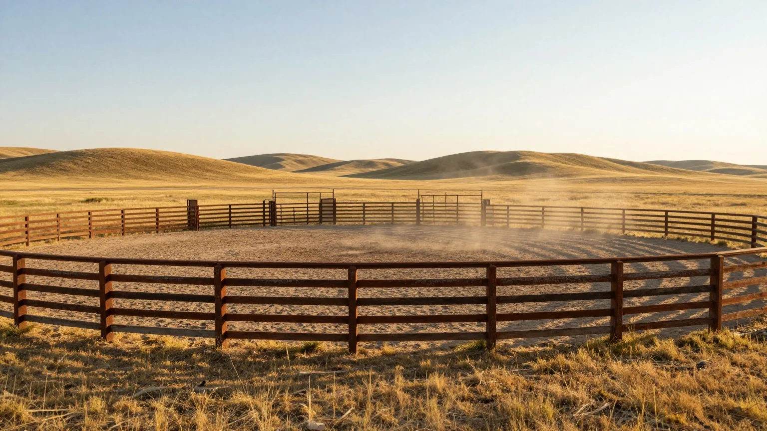 Leere Rodeoarena mit rotbraunem Stangenzaun und kleinen Startboxen im Hintergrund am Rand einer Prärie, aufgewirbelter Staub im Licht des späten Nachmittags