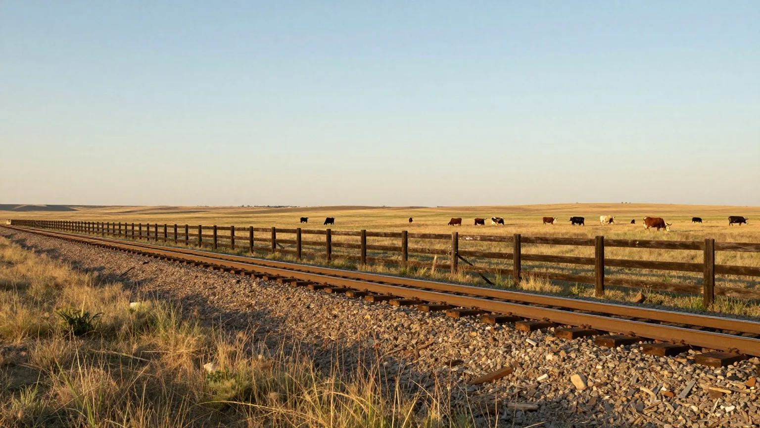 Hölzerner Viehzaun neben einem einzelnen Bahngleis in der flachen Prärie, in der Ferne grasende Longhorn-Rinder im warmen Nachmittagslicht