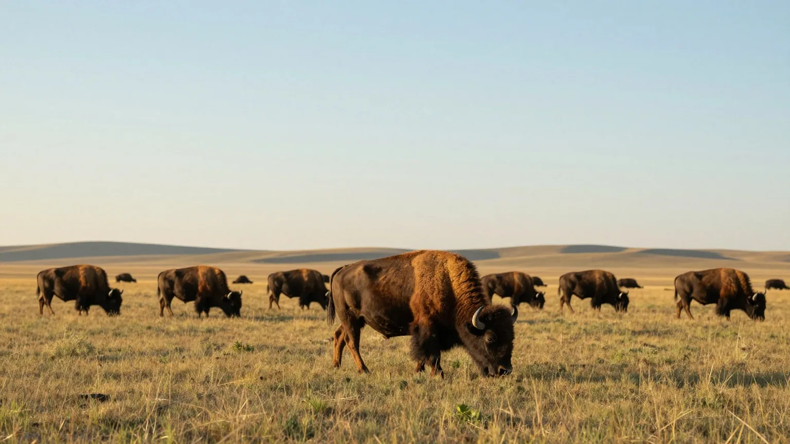 Eine Herde Bisons grast auf welligem Grasland unter weitem Himmel, warmes Licht des späten Nachmittags