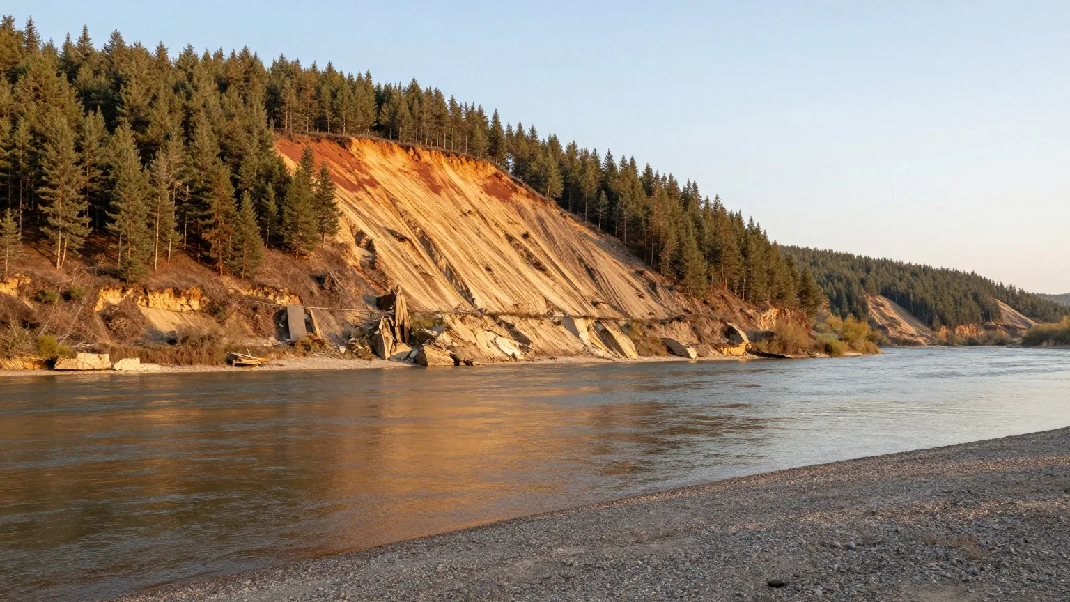 Breiter nördlicher Fluss zwischen bewaldeten Hügeln mit einer kahlen Rutschfläche am Hang, ruhiges Wasser im warmen Abendlicht