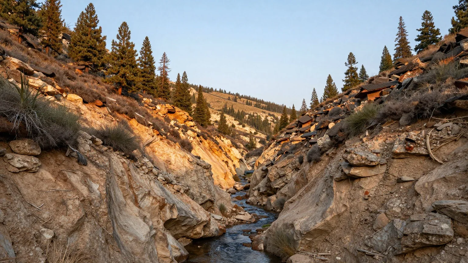 Enge, steile Schlucht in den Black Hills mit dunklen Kiefernhängen und hellen Felsen, unten ein klarer Bach im warmen Licht der späten Nachmittagssonne