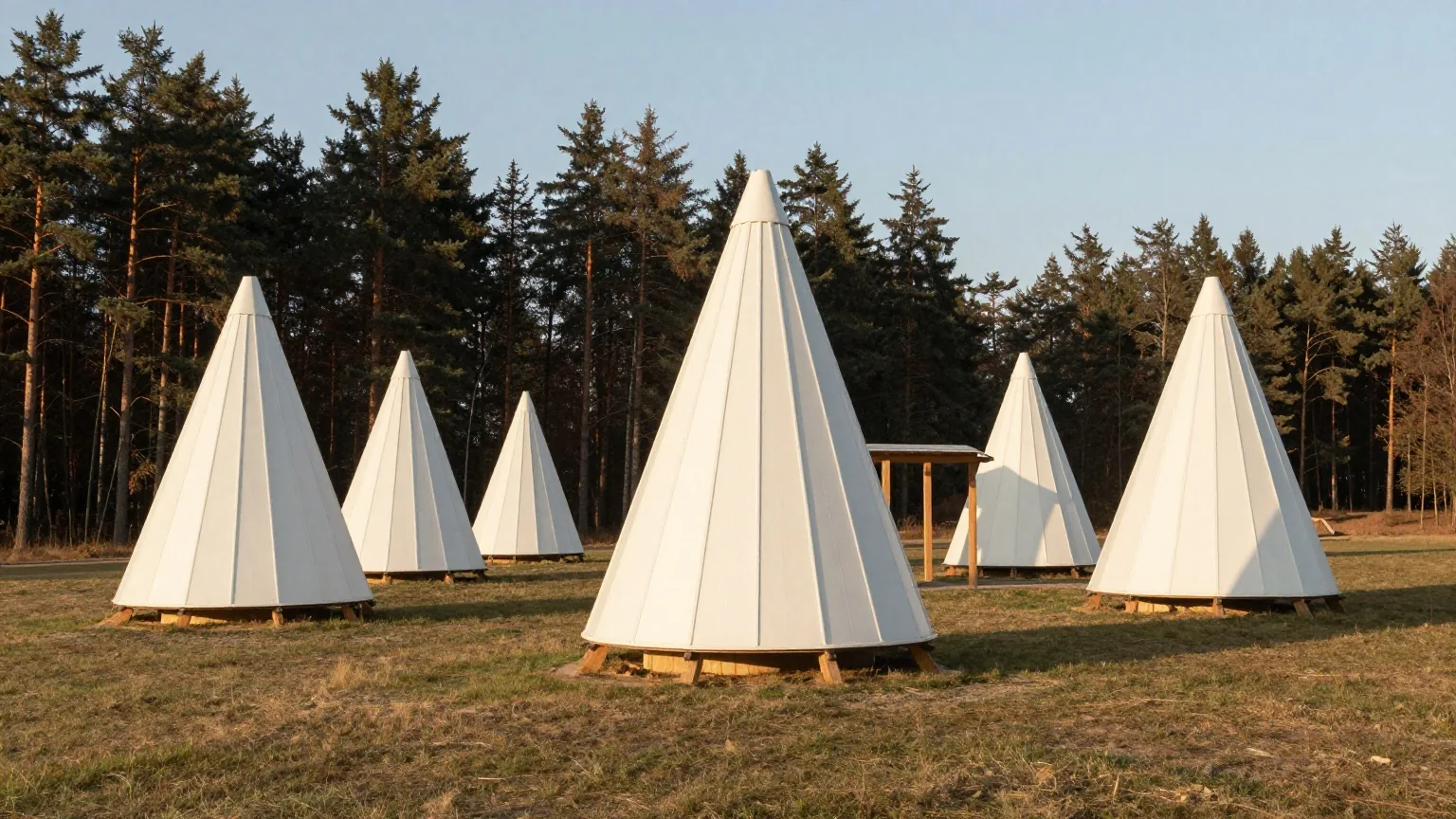 Kegelförmige, weiß verkleidete Holzhütten auf einer gemähten Wiese am Rand eines Kiefernwaldes, dazwischen ein offener Holzpavillon im Licht des späten Nachmittags